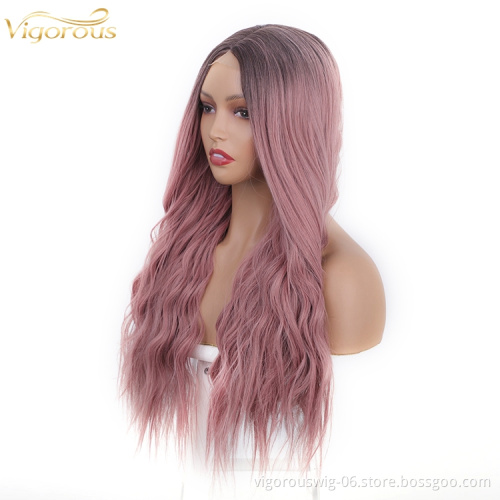 Body Wave Hair Wigs Long Synthetic Lace Ombre Grey Pink Wigs Women Middle Part Silky Full Heat Resistant Natural Looking wig
